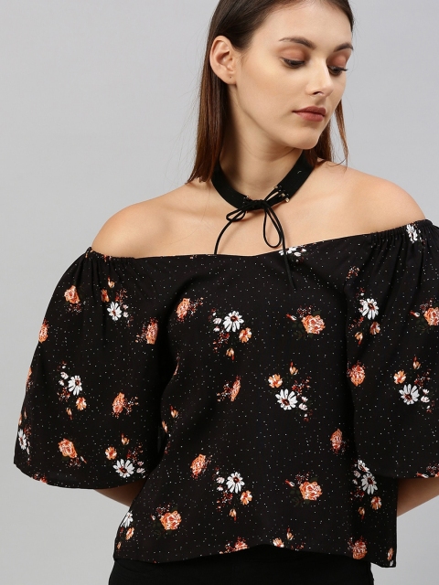 

Mast & Harbour Women Black & White Floral Printed Bardot Sustainable Top With Flared Sleeves