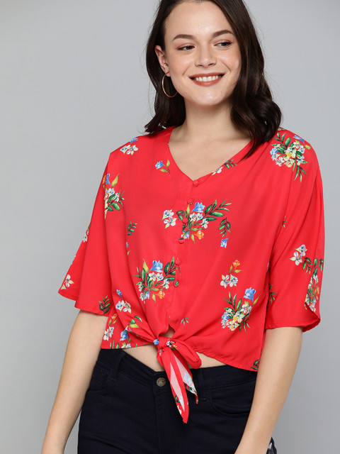 

Mast & Harbour Women Red Floral Printed Waist Tie-Up Crop Top