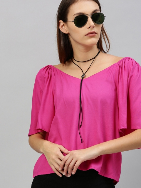 

Mast & Harbour Women Pink Solid Bardot Sustainable Top With Flared Sleeves