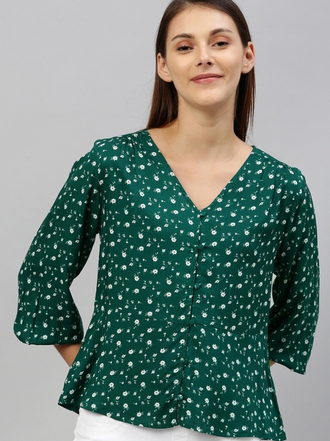 

Mast & Harbour Women Green & White Floral Ditsy Printed A-Line Sustainable Top With Puff Sleeves