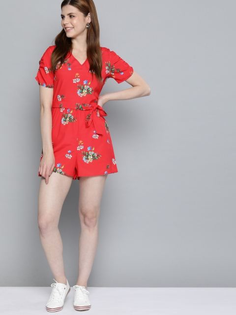 

Mast & Harbour Women Red & Green Printed Playsuit