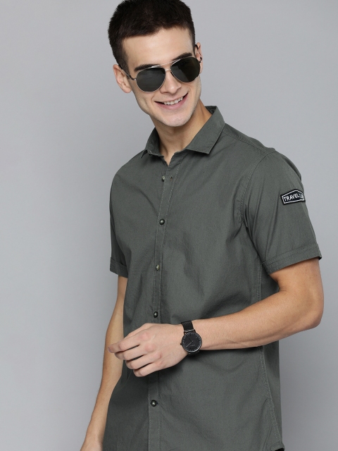 

Mast & Harbour Men Grey Regular Fit Solid Casual Shirt With Applique Detailing