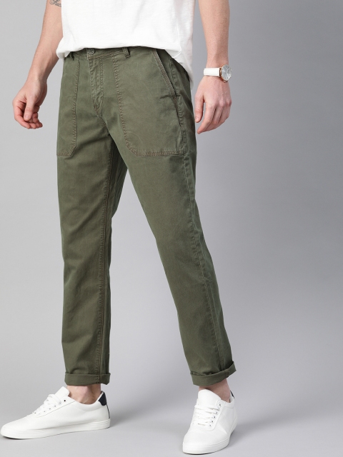 

Mast & Harbour Men Olive Green Regular Fit Solid Regular Trousers