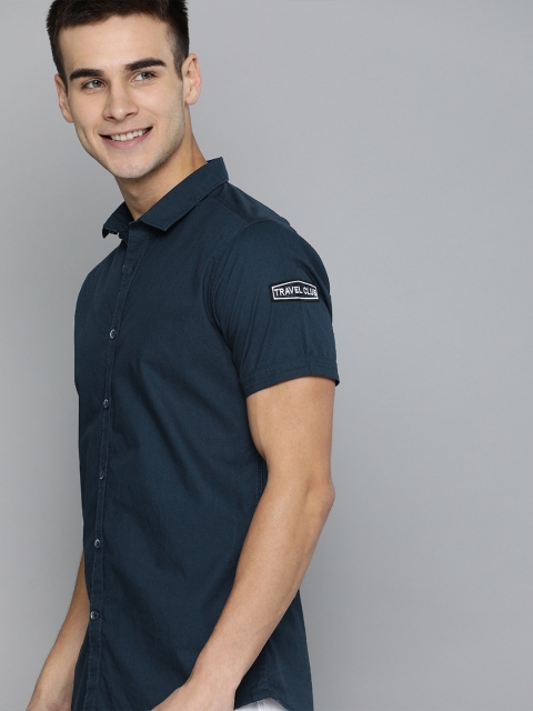 

Mast & Harbour Men Navy Blue Regular Fit Solid Casual Shirt With Applique Detailing