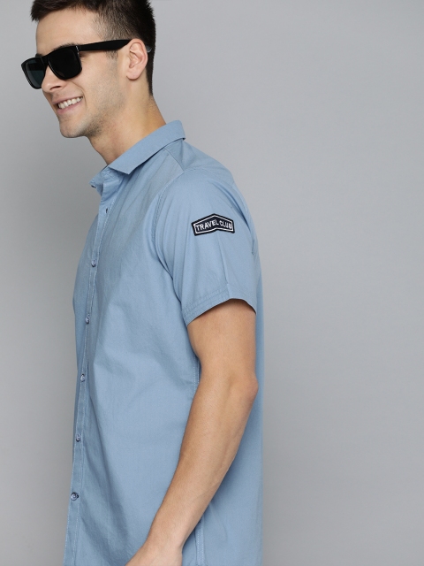 

Mast & Harbour Men Blue Regular Fit Solid Casual Shirt With Applique Detailing