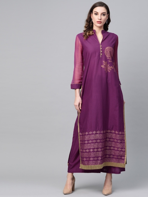 

Tulsattva Women Purple & Golden Solid Kurta with Palazzos with Block Printed Detail