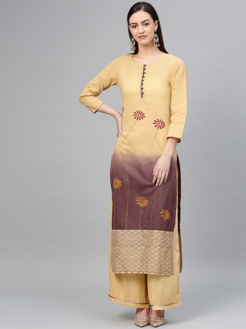 

Tulsattva Women Beige & Purple Printed Straight Kurta with Palazzos