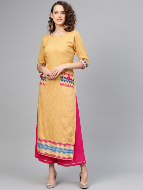 

Tulsattva Women Beige & Pink Block Printed Kurta with Palazzos