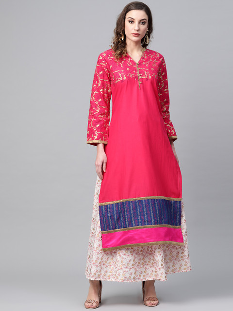 

Tulsattva Women Pink & Off-White Block Printed Yoke Design Kurta with Skirt