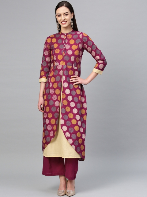 

Tulsattva Women Burgundy & Cream-Coloured Printed Kurta with Palazzos