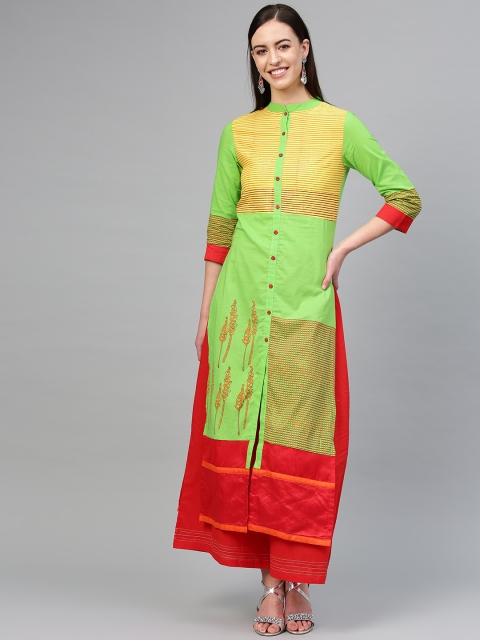 

Tulsattva Women Green & Red Block Printed Kurta with Palazzos