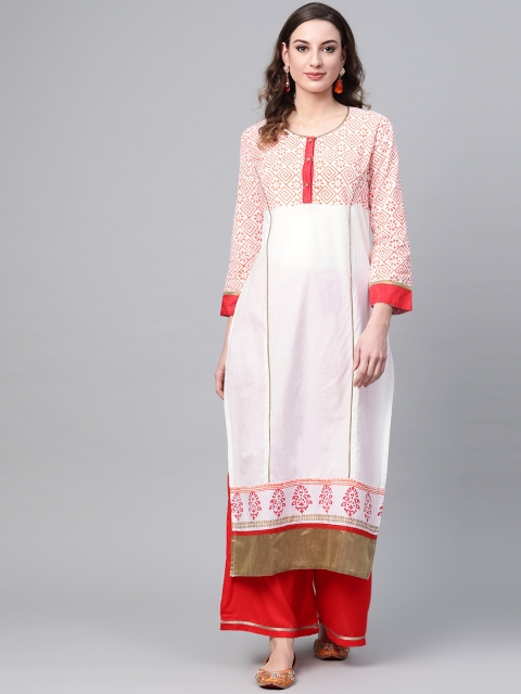 

Tulsattva Women White & Red Block Printed Yoke Design Kurta with Palazzos
