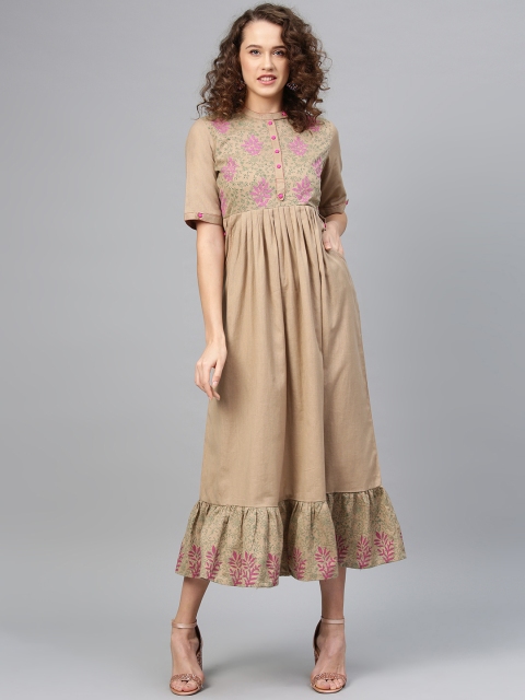 

Tulsattva Women Brown Floral Embroidered Maxi Dress