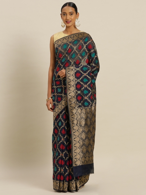 

Mitera Navy Blue & Red Silk Blend Woven Design Banarasi Saree