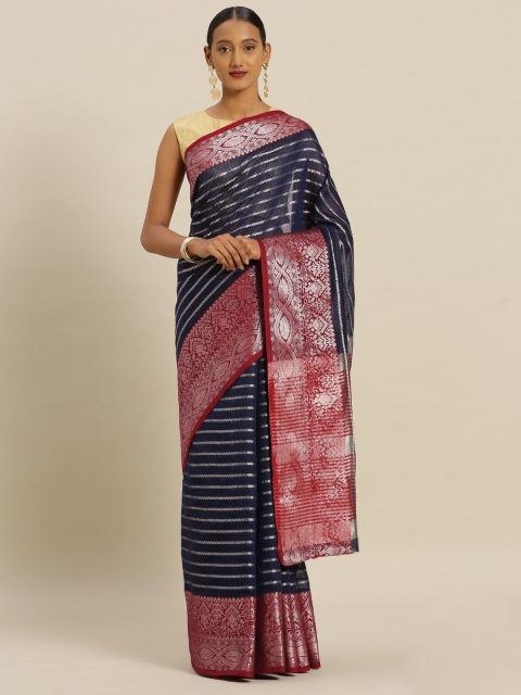 

Mitera Navy Blue Silk Blend Striped Banarasi Saree