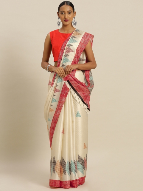 

Mitera Cream-Coloured & Green Silk Blend Printed Tussar Saree