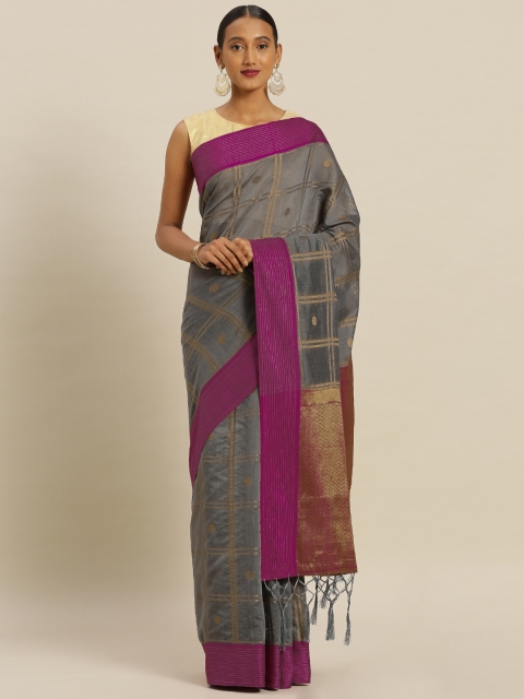 

Mitera Grey & Pink Silk Blend Checked Banarasi Saree