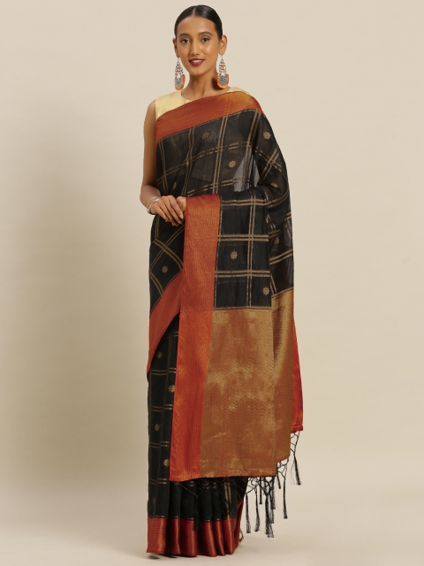 

Mitera Black & Orange Silk Blend Checked Banarasi Saree