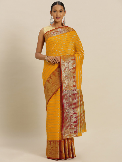 

Mitera Yellow Silk Blend Woven Design Banarasi Saree