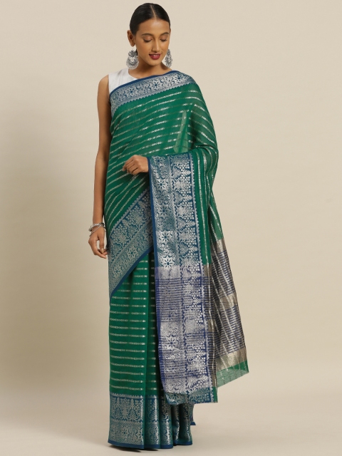 

Mitera Green & Navy Blue Silk Blend Striped Banarasi Saree