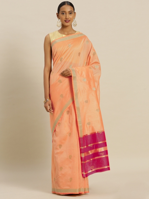 

Mitera Peach-Coloured & Golden Silk Blend Woven Design Chanderi Saree