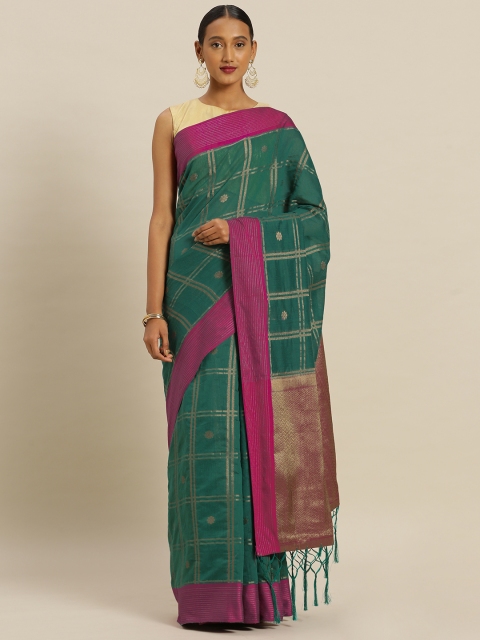 

Mitera Green & Pink Silk Blend Checked Banarasi Saree