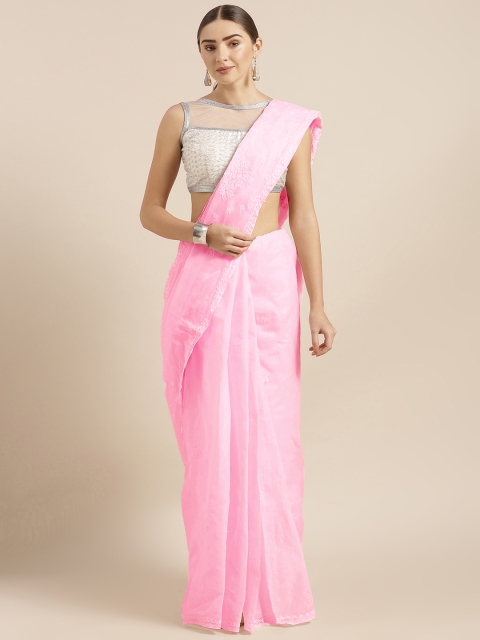 

ADA Pink Pure Cotton Handloom Lucknowi Chikankari Embroidered Sustainable Saree