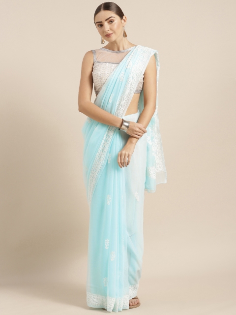 

ADA Turquoise Blue & White Poly Georgette Chikankari Embroidered Saree