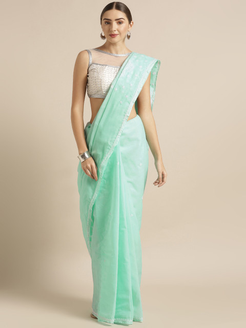 

ADA Sea Green & White Pure Cotton Handloom Chikankari Embroidered Sustainable Saree
