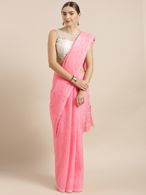 

ADA Pink & White Pure Cotton Handloom Chikankari Embroidered Sustainable Saree