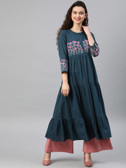 

YASH GALLERY Women Grey Embroidered Tiered A-Line Tiered Kurta