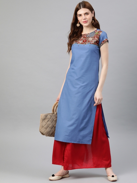 

YASH GALLERY Women Blue Solid Straight Kurta With Printed Detailing