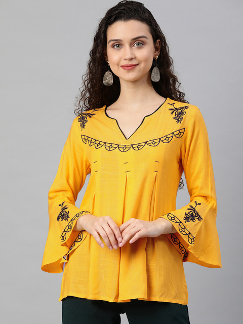 

YASH GALLERY Women Yellow Solid Top With Embroidery