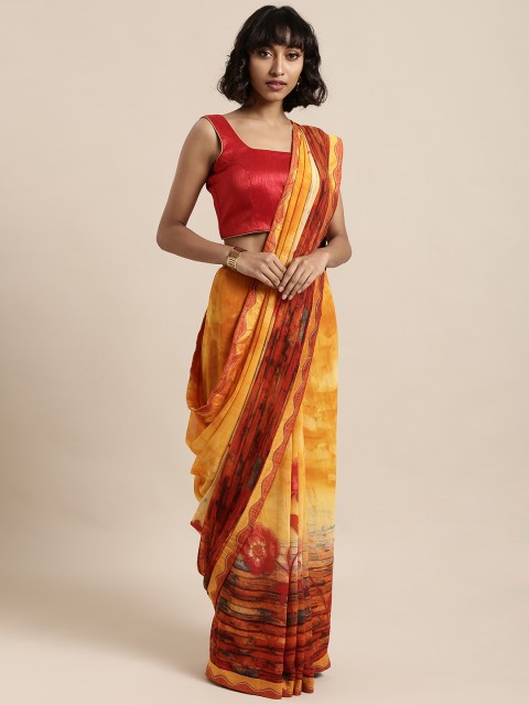 

Mitera Yellow & Red Poly Georgette Printed Saree