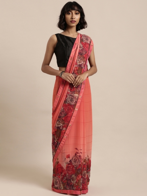 

Mitera Pink & Red Poly Georgette Checked Saree
