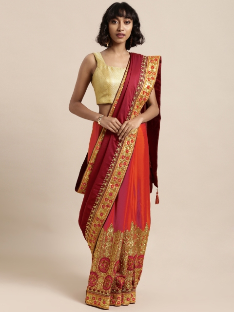 

Mitera Maroon & Orange Poly Silk Embroidered Saree