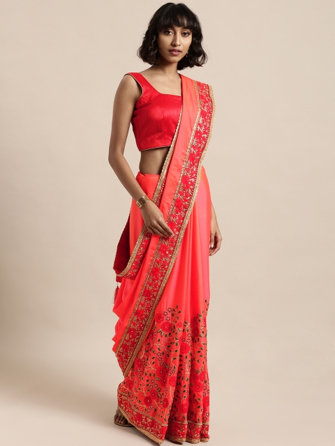 

Mitera Pink & Gold-Toned Poly Silk Embroidered Saree