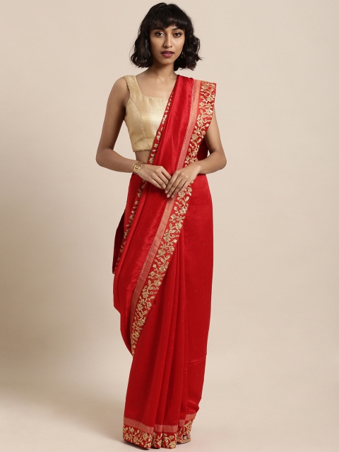 

Mitera Red Solid Poly Silk Saree