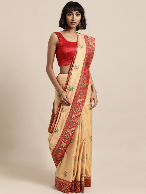 

Mitera Beige & Red Poly Silk Embroidered Saree