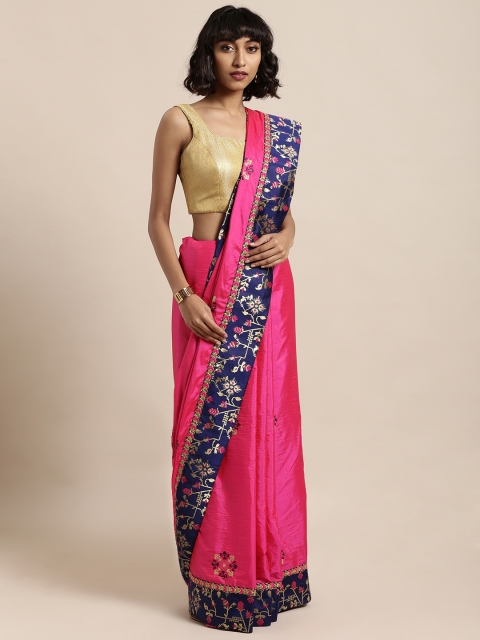 

Mitera Pink & Navy Blue Poly Silk Embroidered Saree