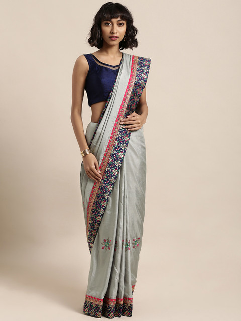 

Mitera Grey & Navy Blue Poly Silk Embroidered Saree