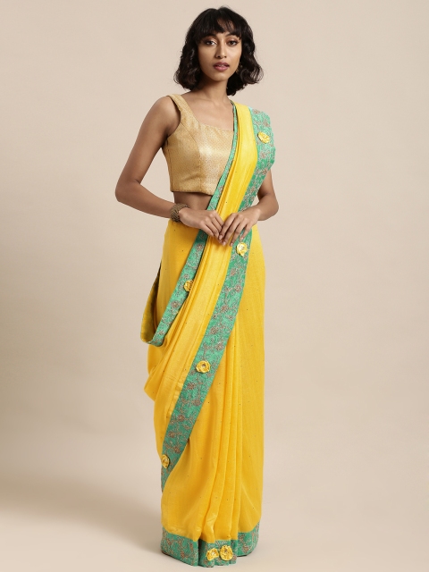 

Mitera Yellow Embellished Poly Silk Saree