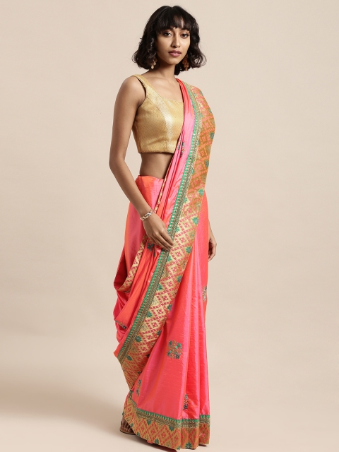 

Mitera Pink & Gold-Toned Poly Silk Embroidered Saree