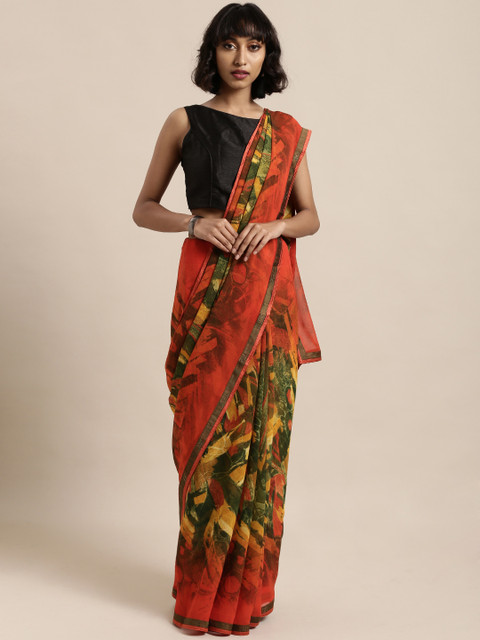 

Mitera Orange & Green Poly Georgette Printed Saree
