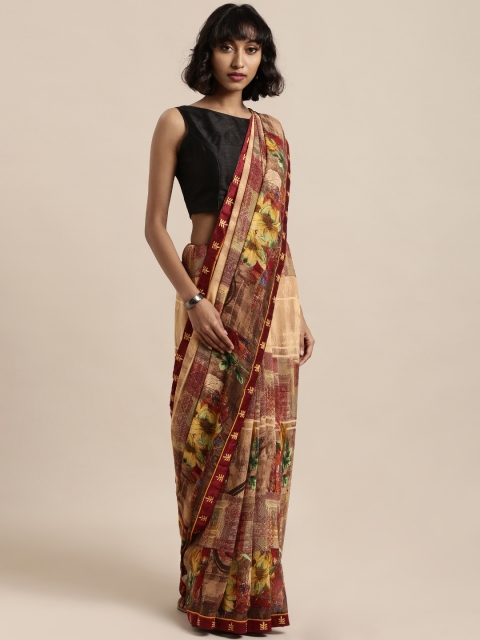 

Mitera Brown & Yellow Poly Georgette Printed Saree