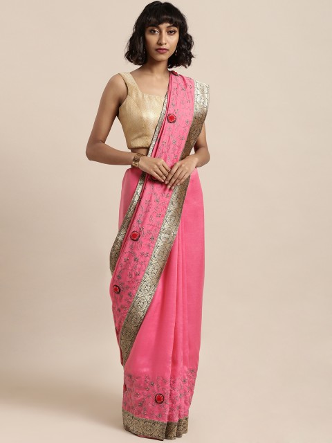 

Mitera Pink & Grey Poly Silk Embroidered Saree