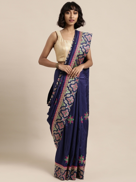 

Mitera Navy Blue Embroidered Poly Silk Saree