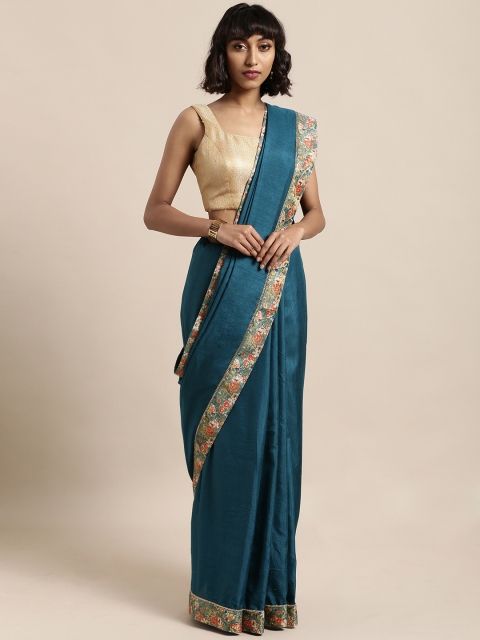 

Mitera Teal Blue Solid Poly Silk Saree with Jacquard Border