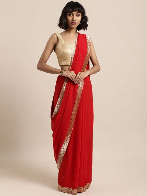 

Mitera Red Solid Poly Georgette Saree with Jacquard Border
