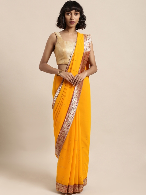 

Mitera Mustard Yellow & Red Poly Georgette Embellished Saree